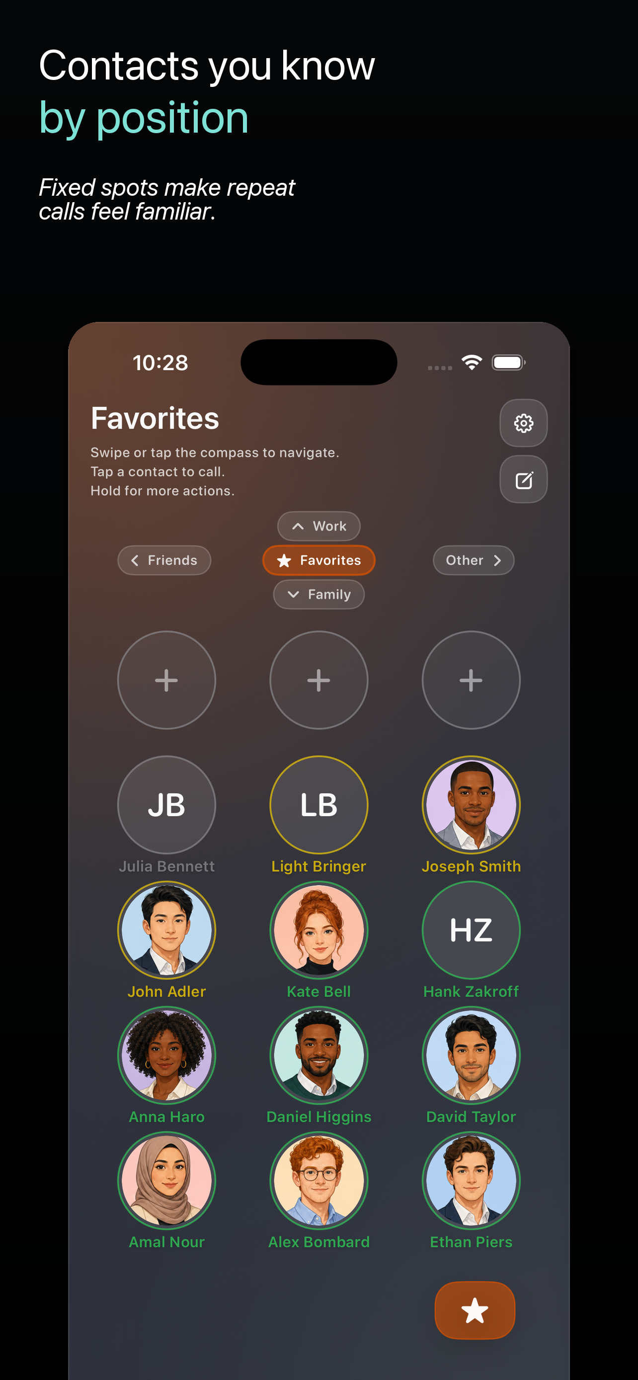 SwipeDialer screenshot: Contacts you know by position.