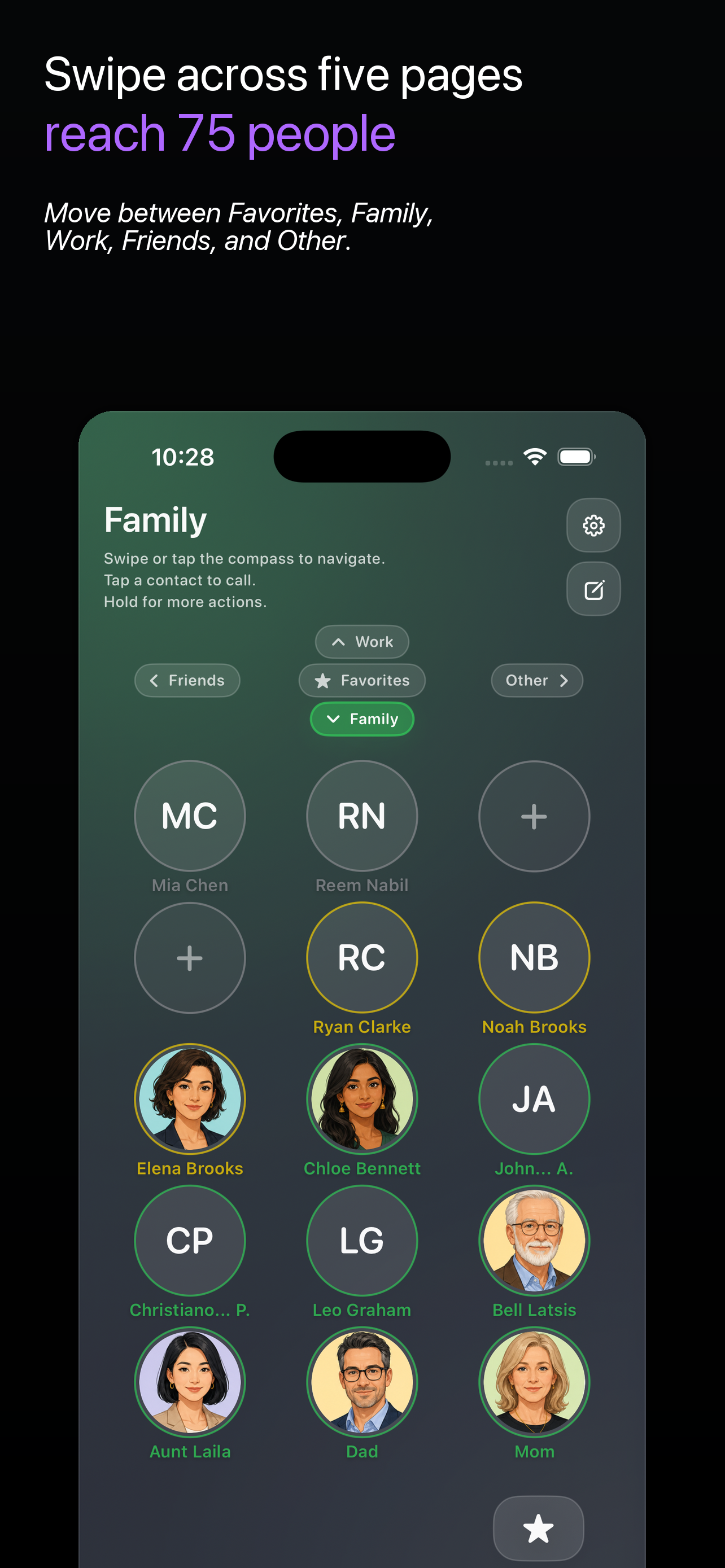 SwipeDialer screenshot: Swipe across five pages and reach 75 people.