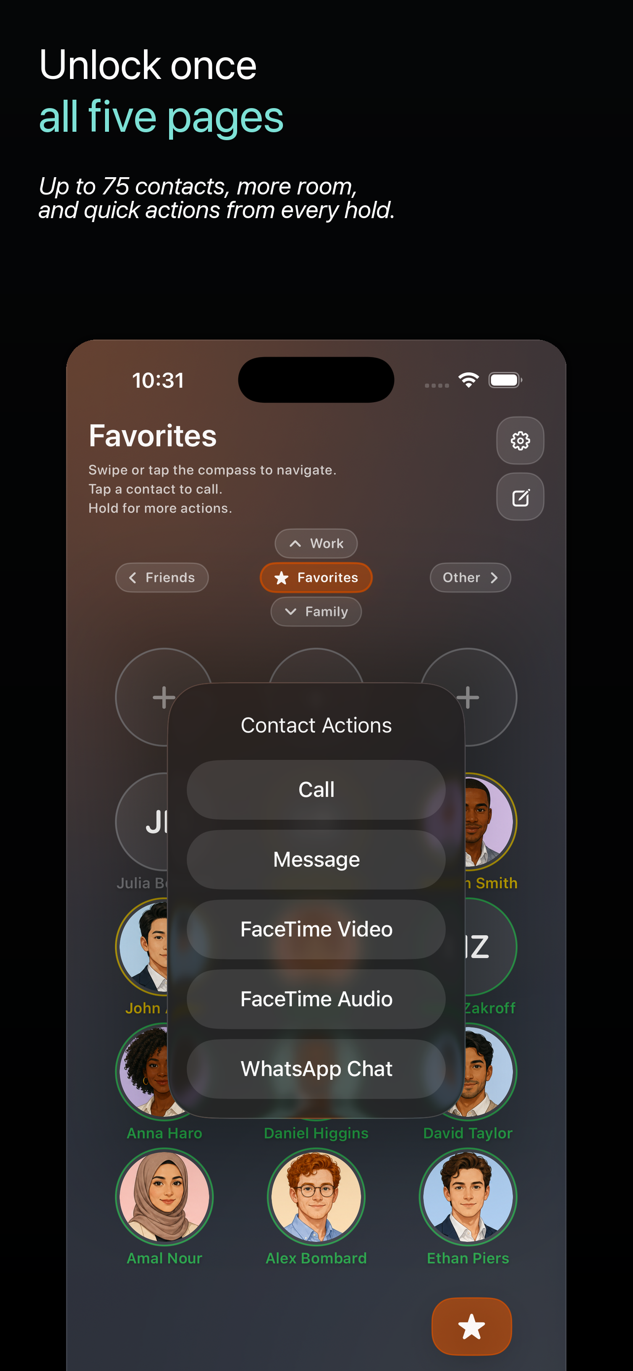 SwipeDialer screenshot: Unlock once for all five pages and quick actions.