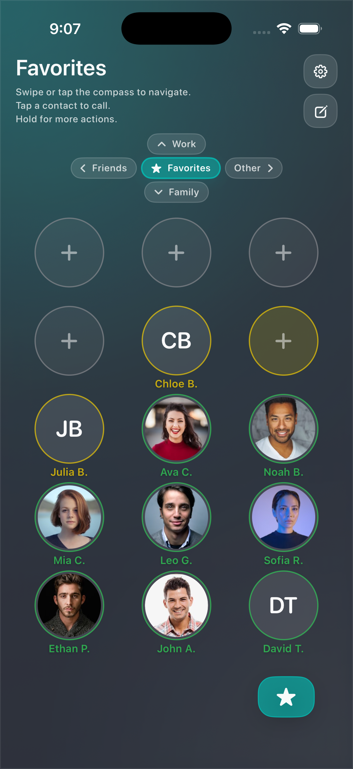 SwipeDialer Favorites page with contact photos and first-name last-initial labels in fixed dialer positions.