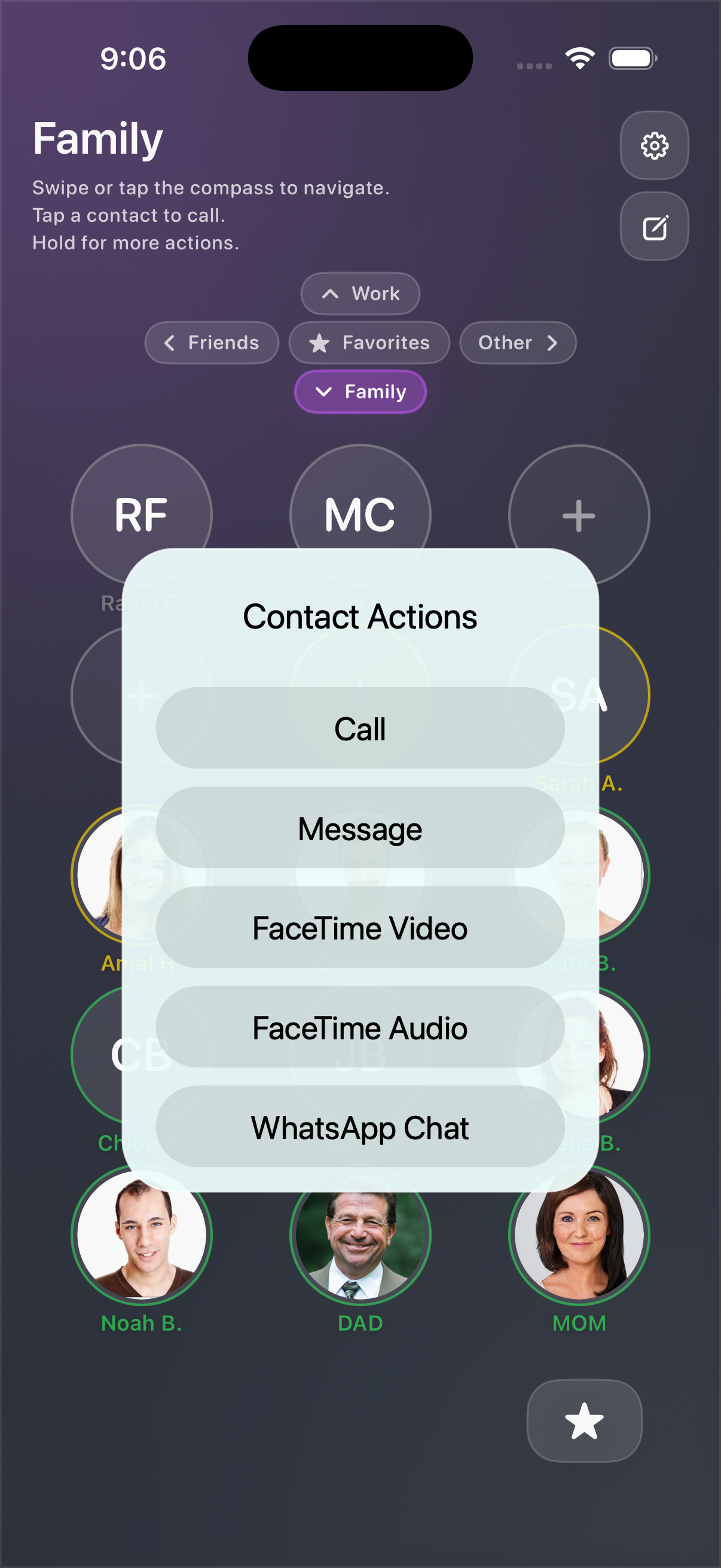 SwipeDialer quick actions dialog showing Call, Message, FaceTime, and WhatsApp options.